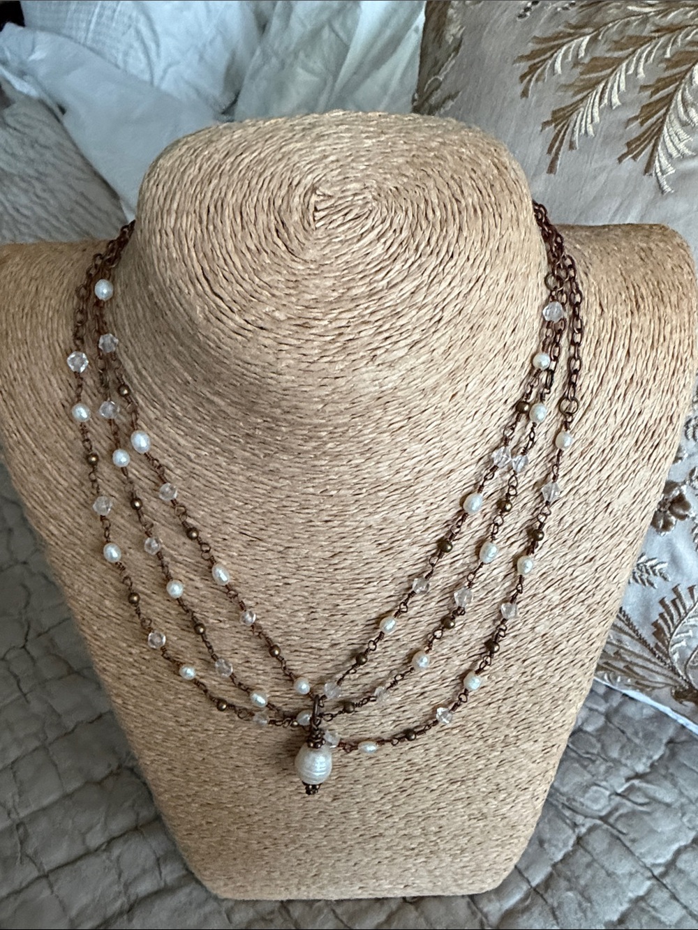 Three strands of wire wrapped Pearl and Crystal Necklace iWhite pearland copper